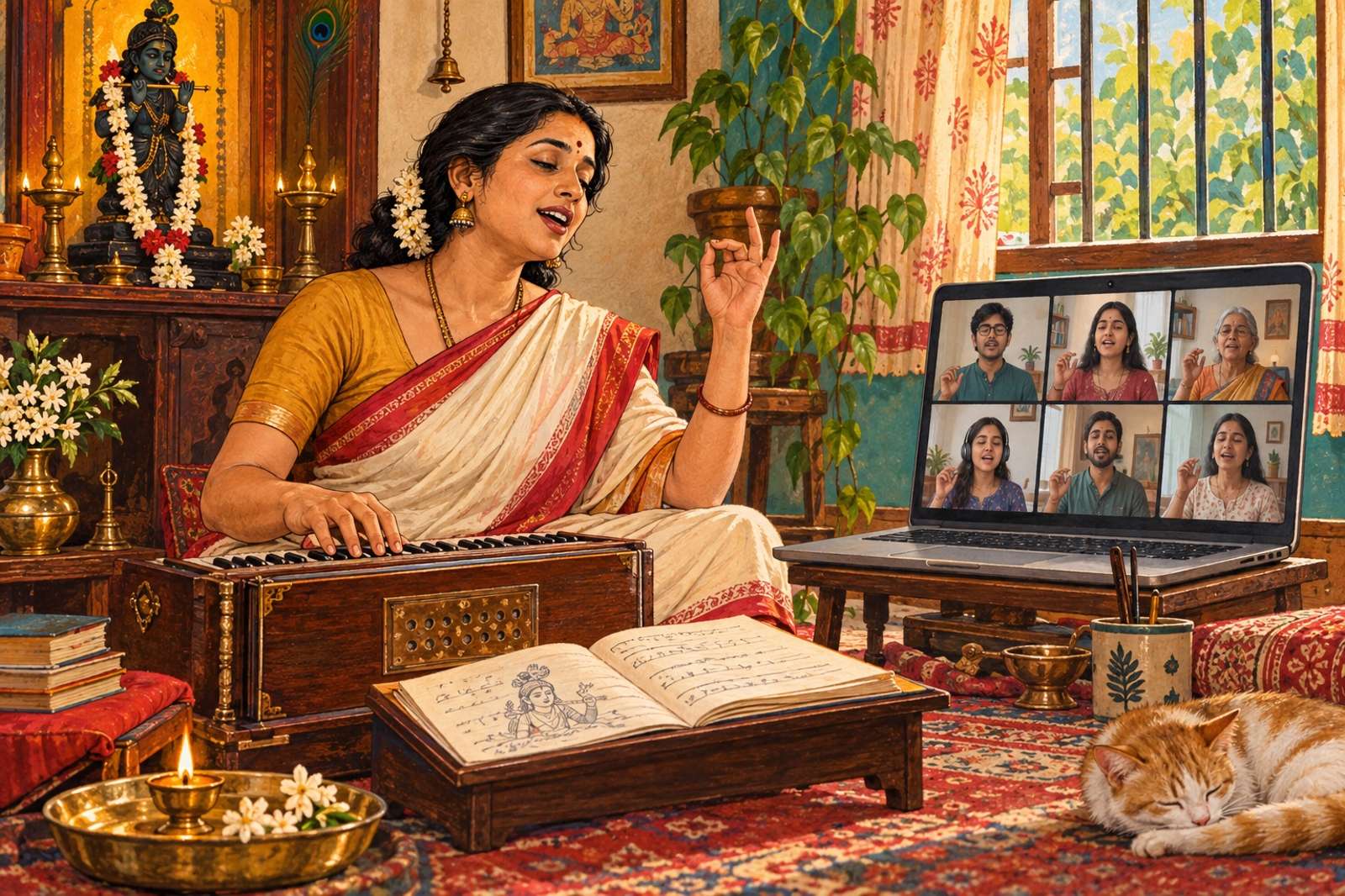 Illustration of Learn Bhajans Together: Teach a devotional song, helping participants with pronunciation, melody and meaning.