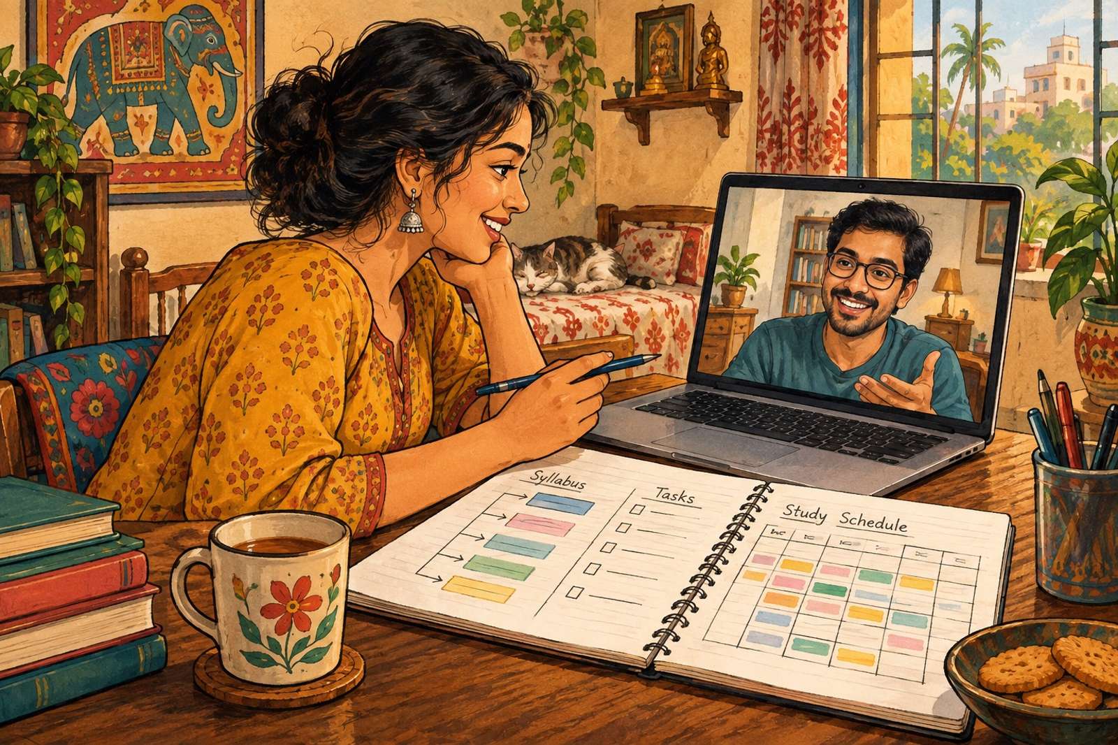 Illustration of Study Planning Session: Help someone break their syllabus or project into smaller tasks and a realistic study schedule.