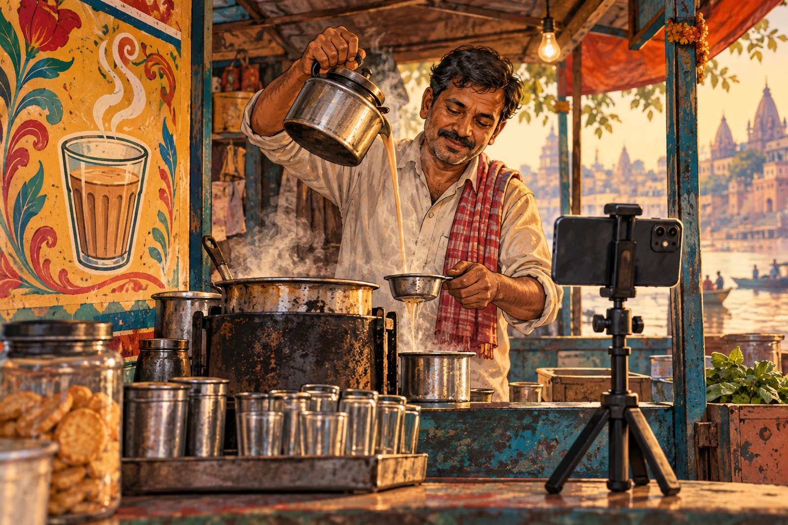 Illustration of Chai Stall Chronicles: Show the rhythm of a chai stall, keeping customers and conversations off-camera unless they consent.