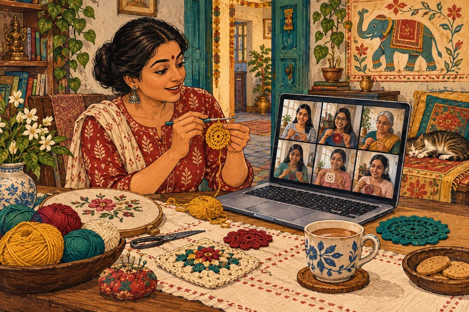 Illustration of Embroidery & Crochet Circle: Work on a small project together with live demonstrations and troubleshooting.