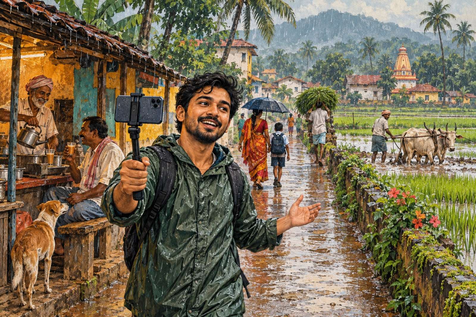 Illustration of Monsoon Village Walk: Show rain-soaked lanes, fields and everyday rural life on a walk through your neighbourhood.