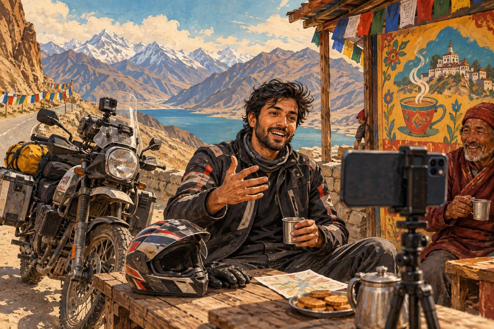 Illustration of Ladakh Ride Diaries: Share mountain stops and road-trip stories. Use a mounted camera for ride footage and talk to viewers while parked.