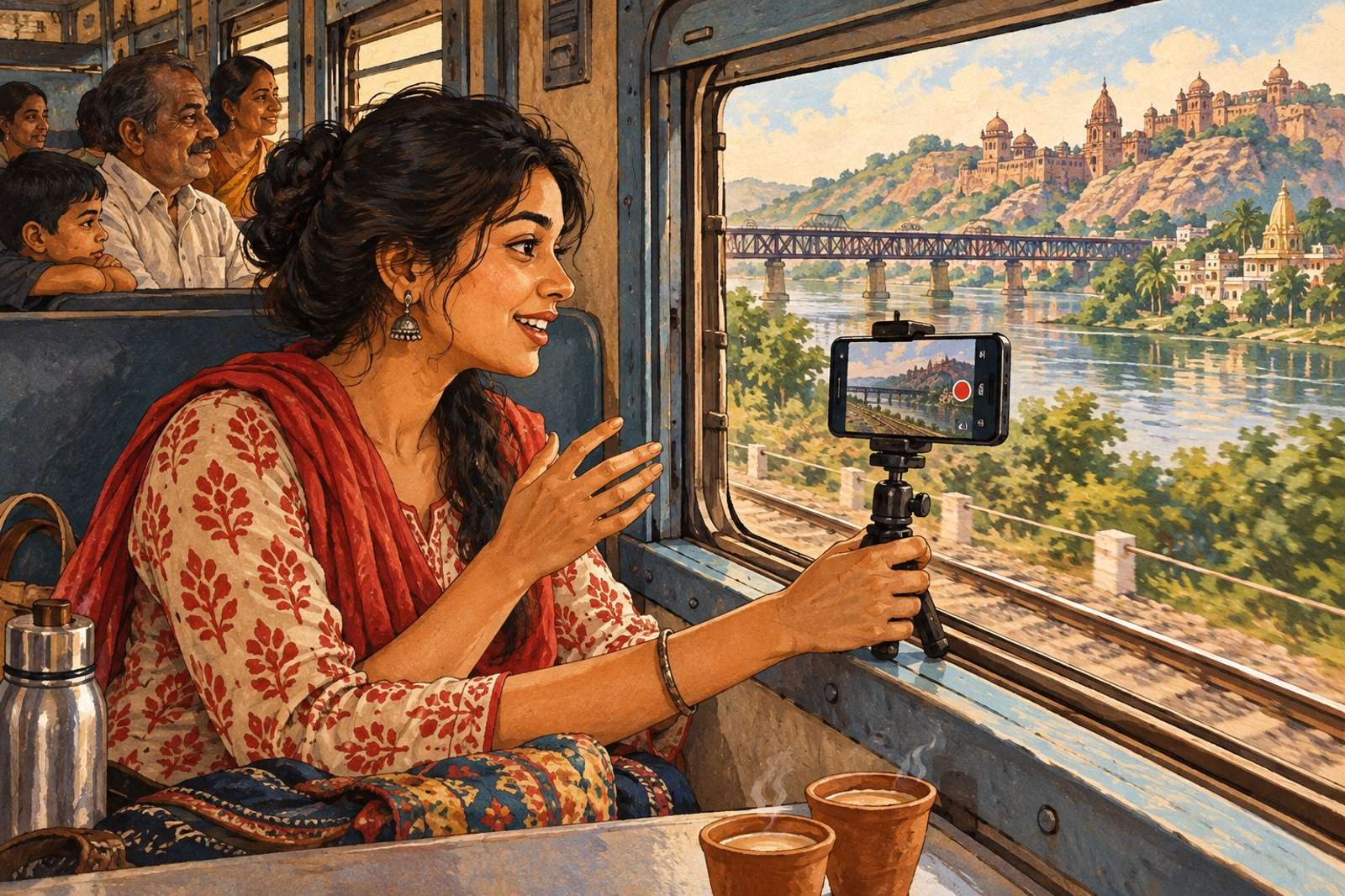 Illustration of Train Journey, Window Seat: Share window-seat scenery and railway stories from permitted areas without intruding on other passengers.