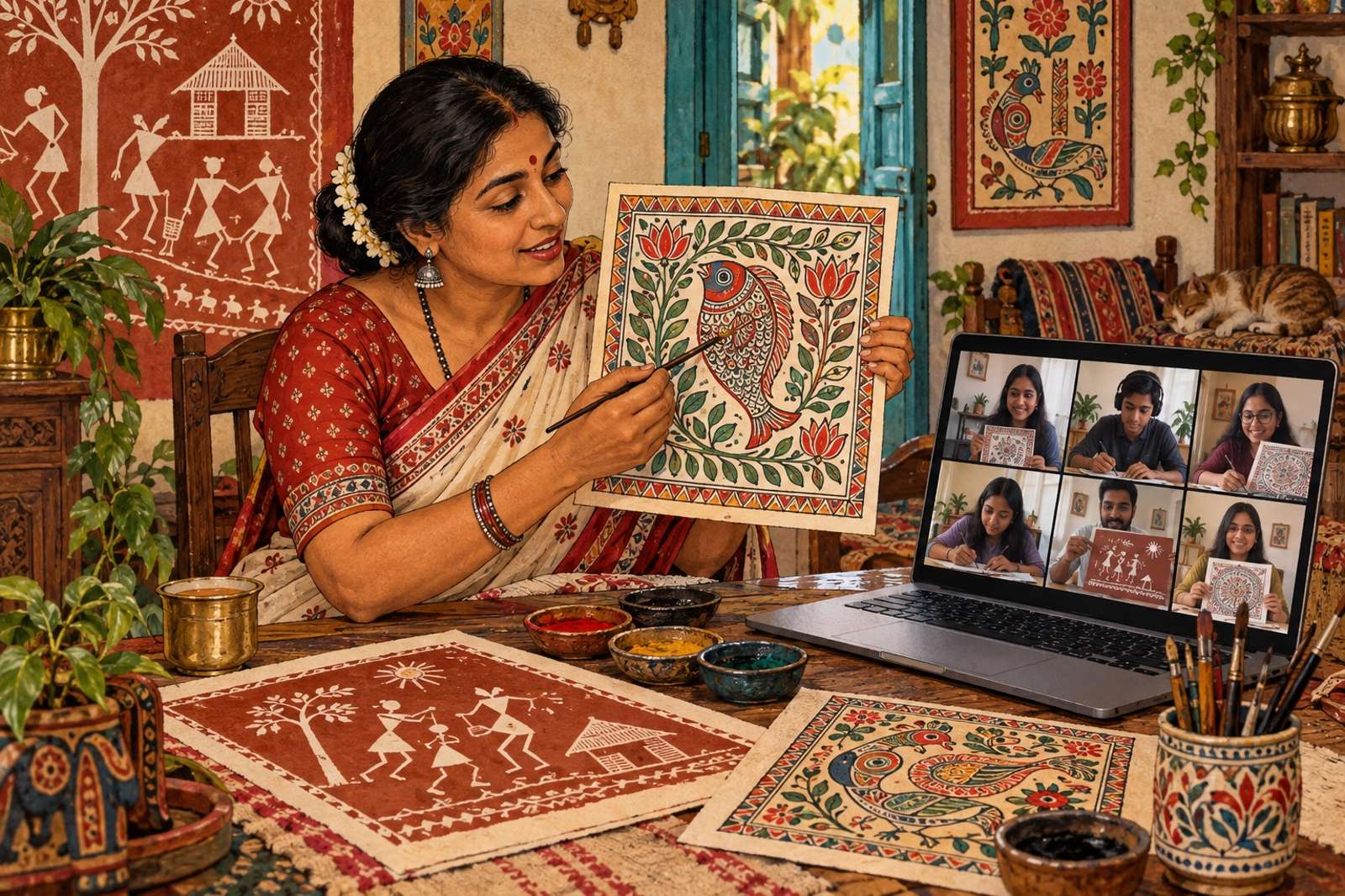 Illustration of Warli / Madhubani Art Class: A knowledgeable artist introduces a folk-art technique and its cultural context.