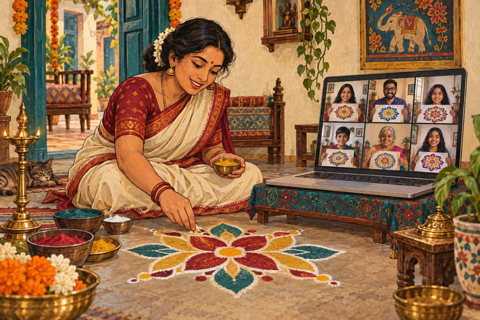 Illustration of Rangoli Together: Lead a design step by step and give everyone time to share their finished rangoli.