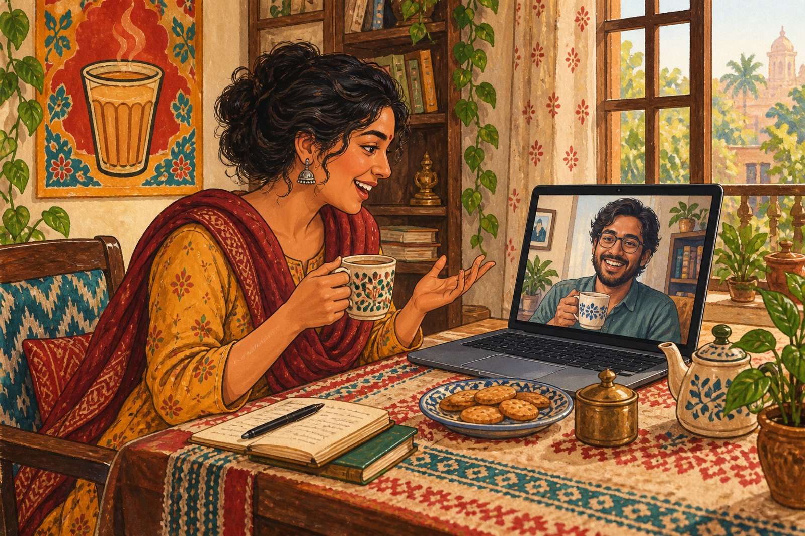Illustration of A Chat In Your Own Language: Have a relaxed conversation in Hindi, Tamil, Bengali, Marathi or another language that feels like home.