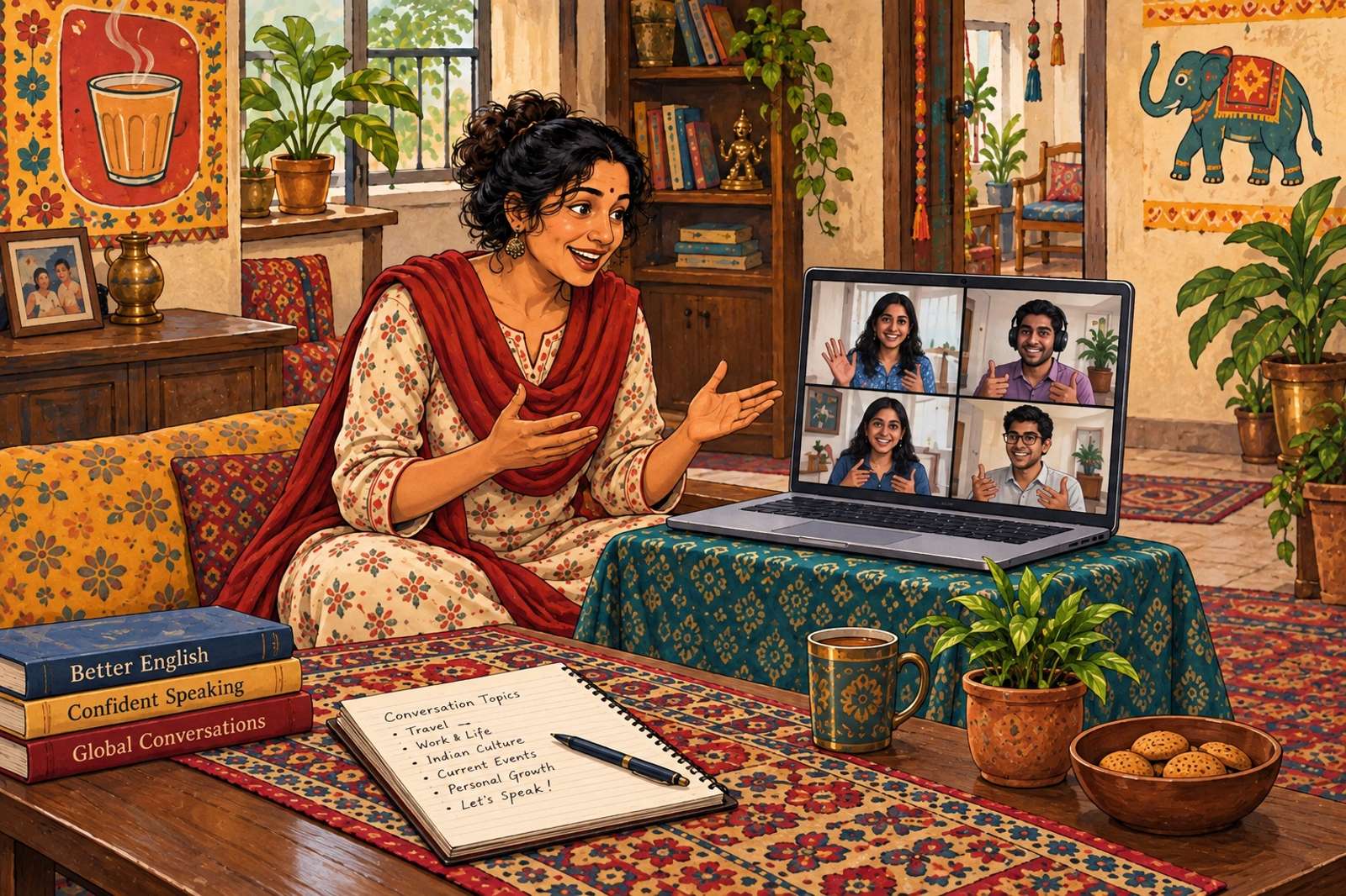 Illustration of English Practice Circle: Run small-group conversations, role-play and speaking games so everyone gets a turn.