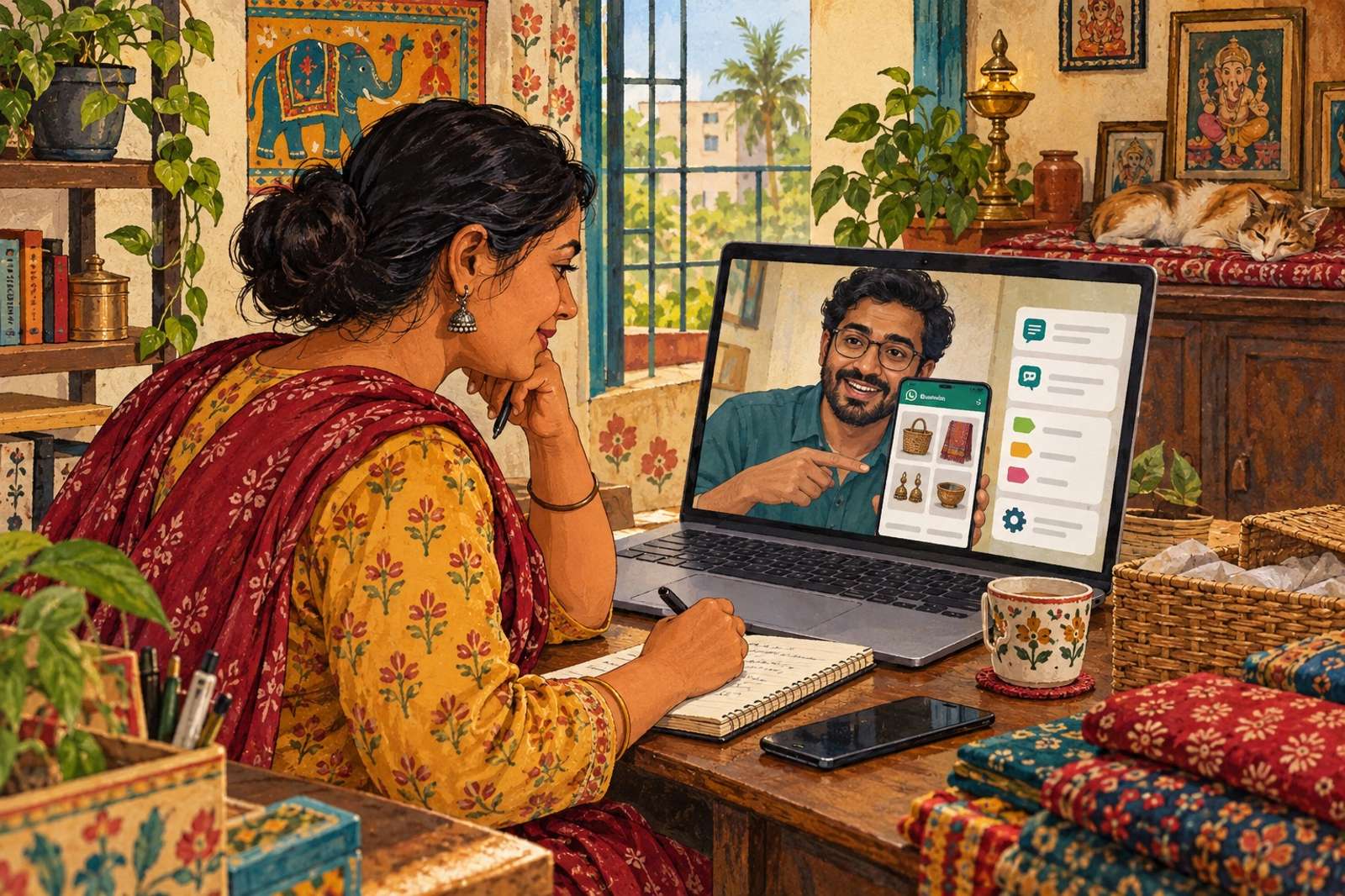 Illustration of WhatsApp Business Setup: Walk a small-business owner through catalogues, quick replies, labels and useful account settings.