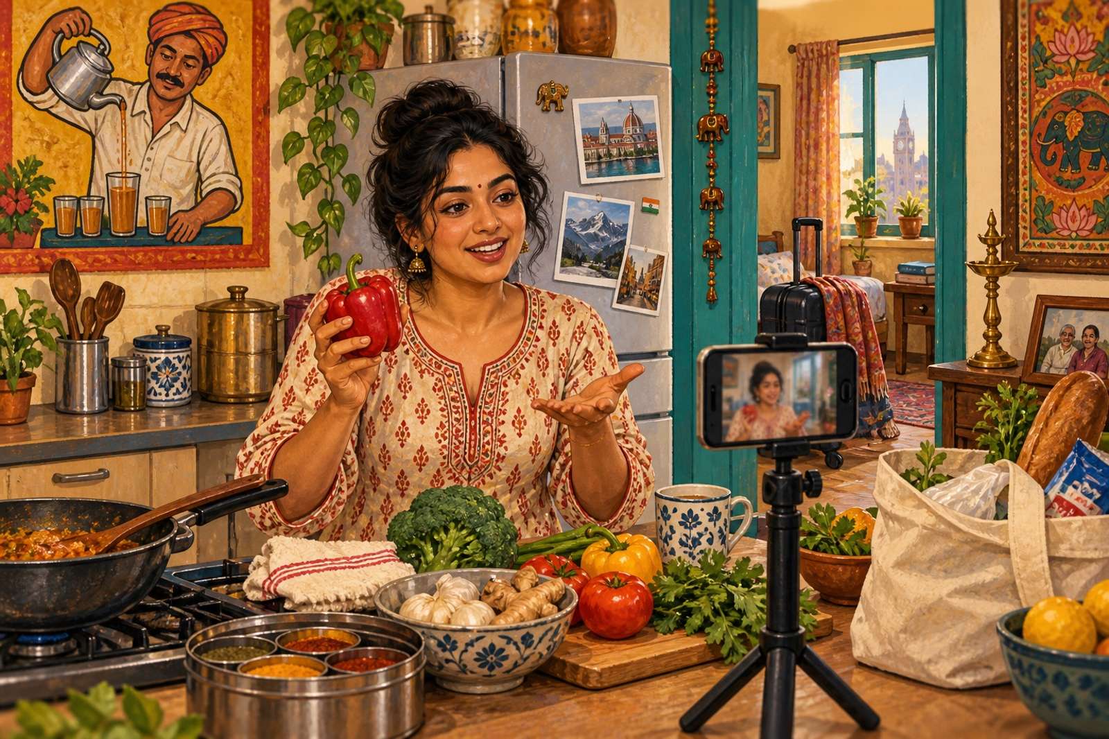 Illustration of My Indian Life Abroad: Share cooking, groceries and everyday cultural differences from your life outside India.