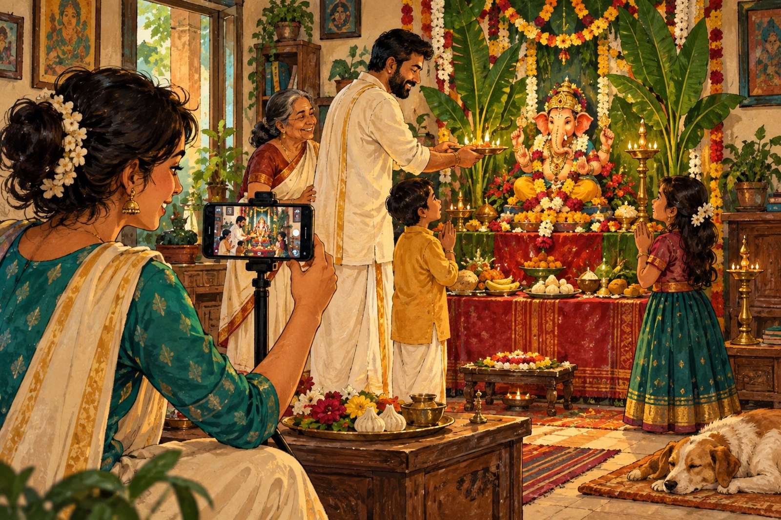 Illustration of A Festival At Home: Share your household's Ganesh Chaturthi, Navratri, Onam or Pongal traditions with everyone's consent.