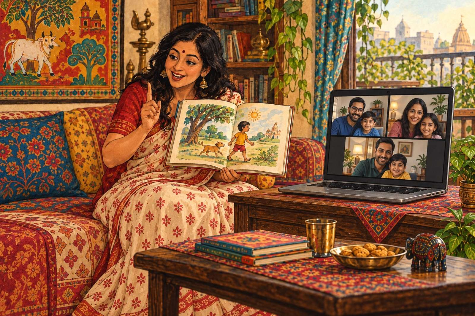 Illustration of Hindi for NRI Families: Teach useful Hindi through stories, songs and everyday situations in guardian-managed family sessions.