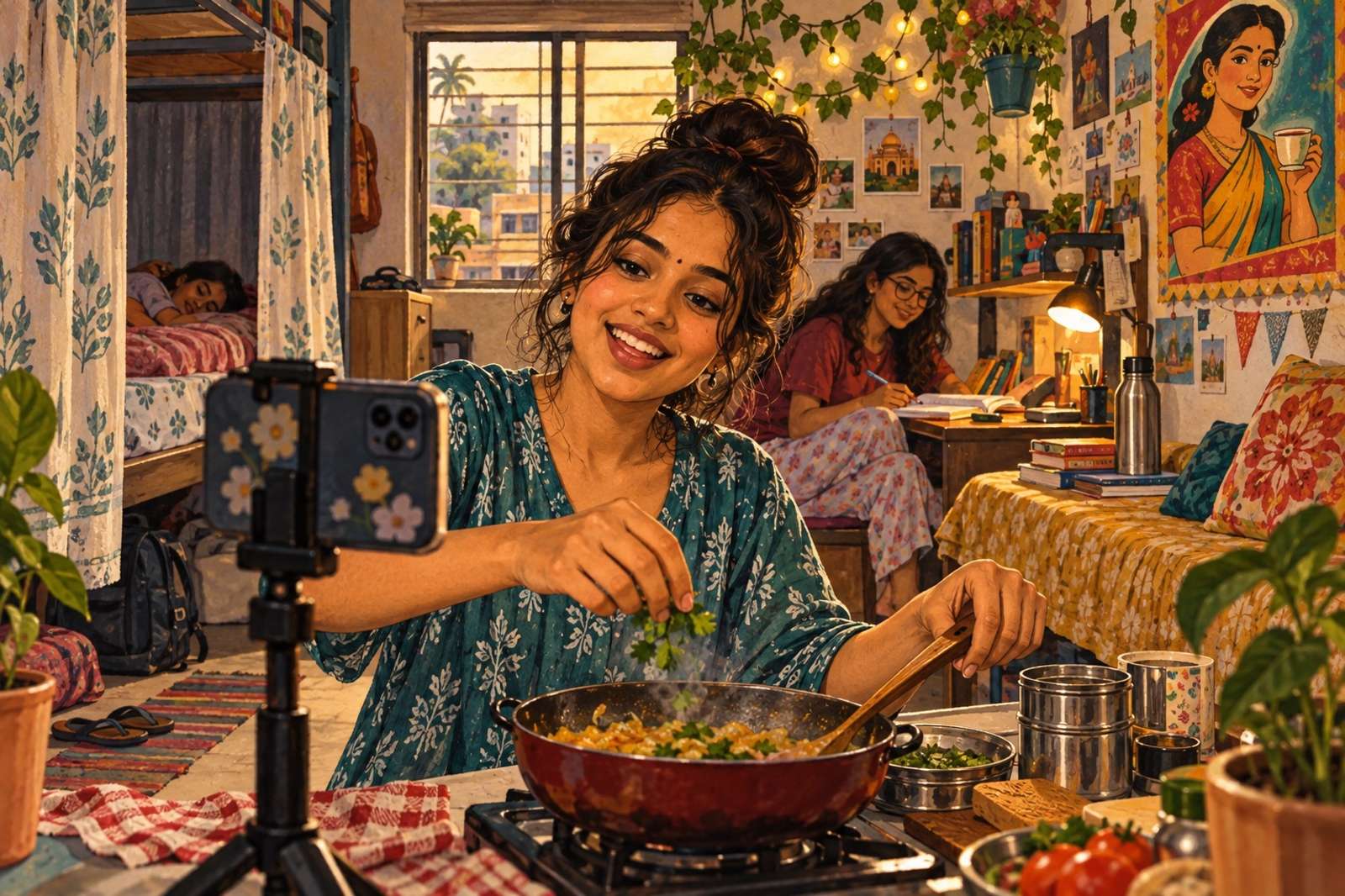 Illustration of Hostel Diaries: Share cooking, studying and decorating your own space, keeping roommates' privacy in mind.