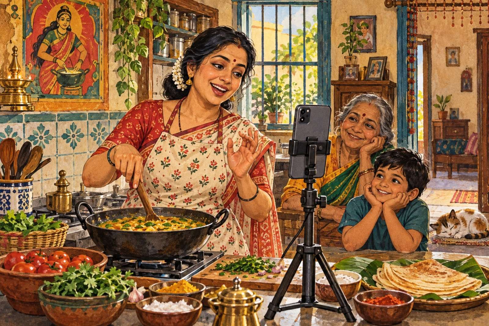 Illustration of Mum's Kitchen, Live: Prepare a regional meal from your kitchen, sharing family tips and answering cooking questions.