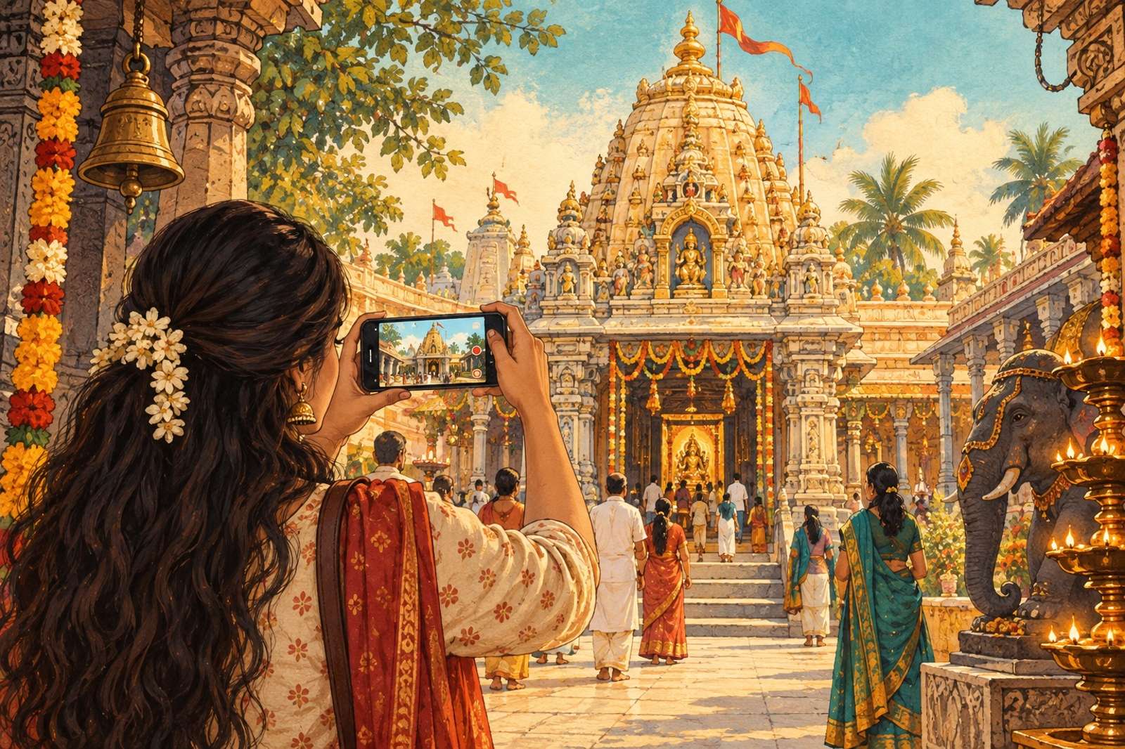 Illustration of Temple Darshan, Live: Take viewers on a temple visit. Share the atmosphere and traditions from areas where filming is permitted.