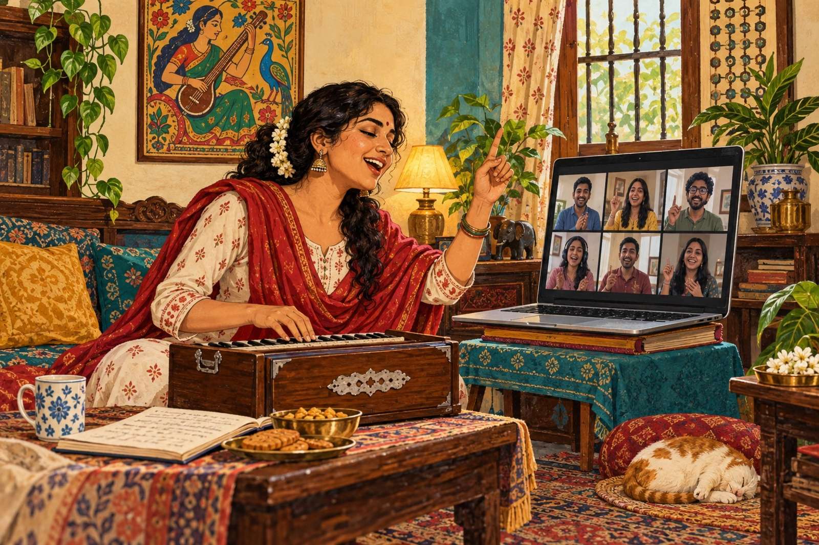 Illustration of Antakshari Singing Circle: Host a participatory singing game using material you have permission to share.