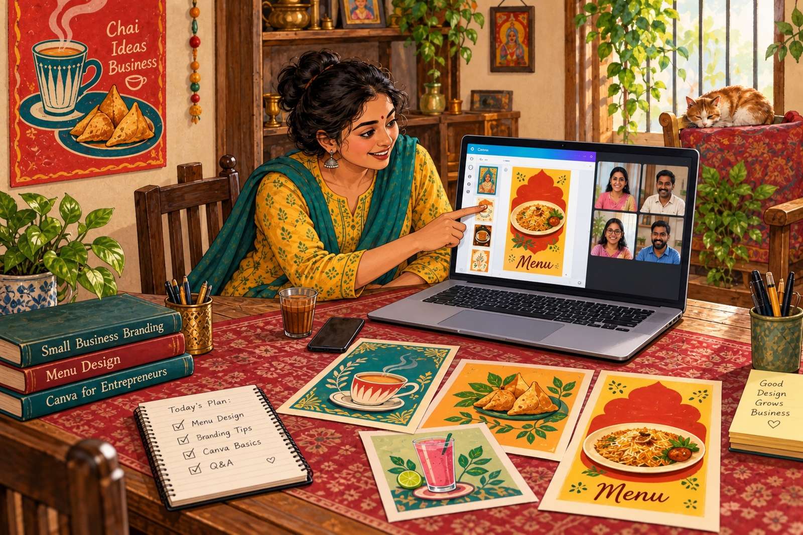 Illustration of Canva for Small Businesses: Help a group of business owners create a menu, offer poster or social post during the session.