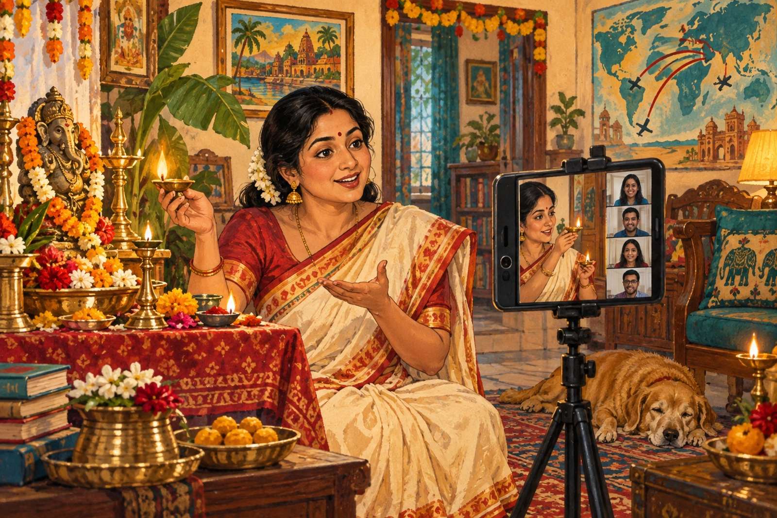 Illustration of NRI Festival Connection: Host a festival broadcast timed for Indians abroad, explaining rituals and inviting questions.